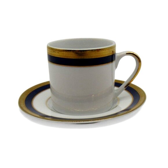 LA VAISSELLERIE Fine PORCELAIN Espresso Cup Saucer Gold Blue Navy Vaiselle Vinta - Picture 12 of 12